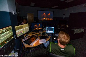 Production crew work on final edits of Hannam's film, North Mountain./Photo by Stephen Brake