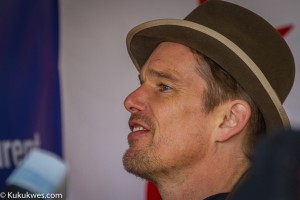 Oscar-nominated actor Ethan Hawke speaking at a news conference in Paqtnkek Mi'kmaw Nation Oct. 26 about protecting the Gulf of St. Lawrence from offshore drilling/Photo by Stephen Brake